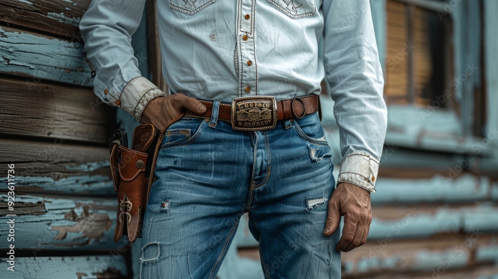 Cowboy standing by rustic wooden building wearing denim and cowboy belt with holster Cowboy standing by rustic wooden building wearing denim and cowboy belt with holster
