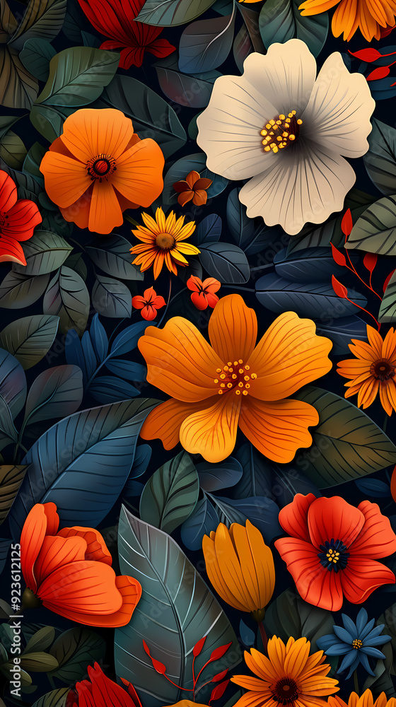 Seamless pattern with flowers, leaves, and abstract colors for a vintage wallpaper or nature-inspired design. Seamless pattern with flowers, leaves, and abstract colors for a vintage wallpaper or nature-inspired design.