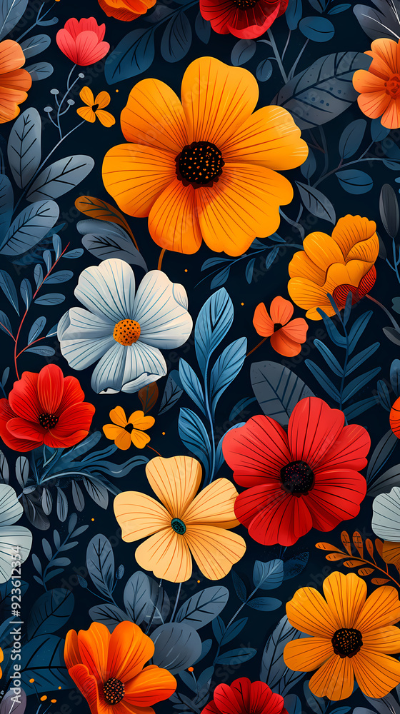 Seamless pattern with flowers, leaves, and abstract colors for a vintage wallpaper or nature-inspired design. Seamless pattern with flowers, leaves, and abstract colors for a vintage wallpaper or nature-inspired design.