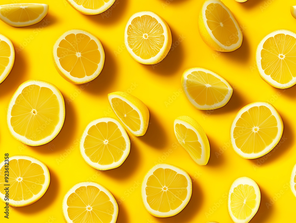 Bright lemon slices scattered on a yellow background, forming a fresh and cheerful seamless pattern full of citrus vibes. Bright lemon slices scattered on a yellow background, forming a fresh and cheerful seamless pattern full of citrus vibes.
