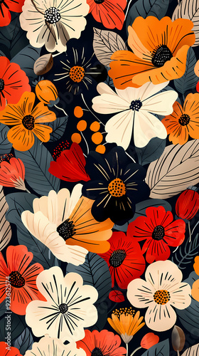 Seamless pattern with flowers, leaves, and abstract colors for a vintage wallpaper or nature-inspired design.