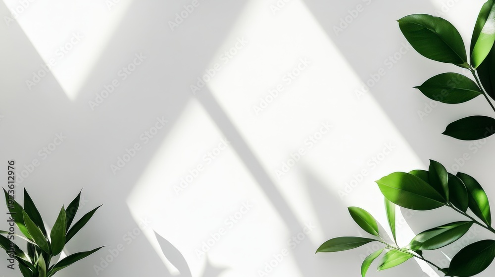 A minimalist composition featuring green plants casting shadows on a white wall. A minimalist composition featuring green plants casting shadows on a white wall.