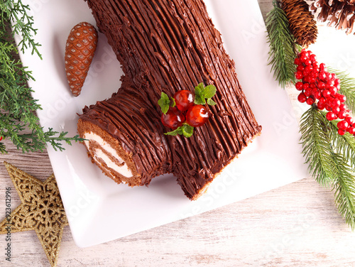 Christmas cake shaped like a log photo