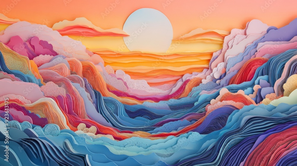 Vibrant sunset landscape in abstract paper art style with colorful, flowing shapes. Bright sun, clouds, and waves create a dreamlike scenery. Vibrant sunset landscape in abstract paper art style with colorful, flowing shapes. Bright sun, clouds, and waves create a dreamlike scenery.