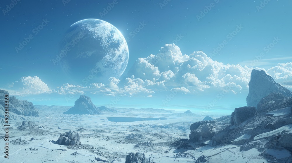 Tranquil alien landscape with a large moon, clouds, and rocky terrain under a blue sky Tranquil alien landscape with a large moon, clouds, and rocky terrain under a blue sky