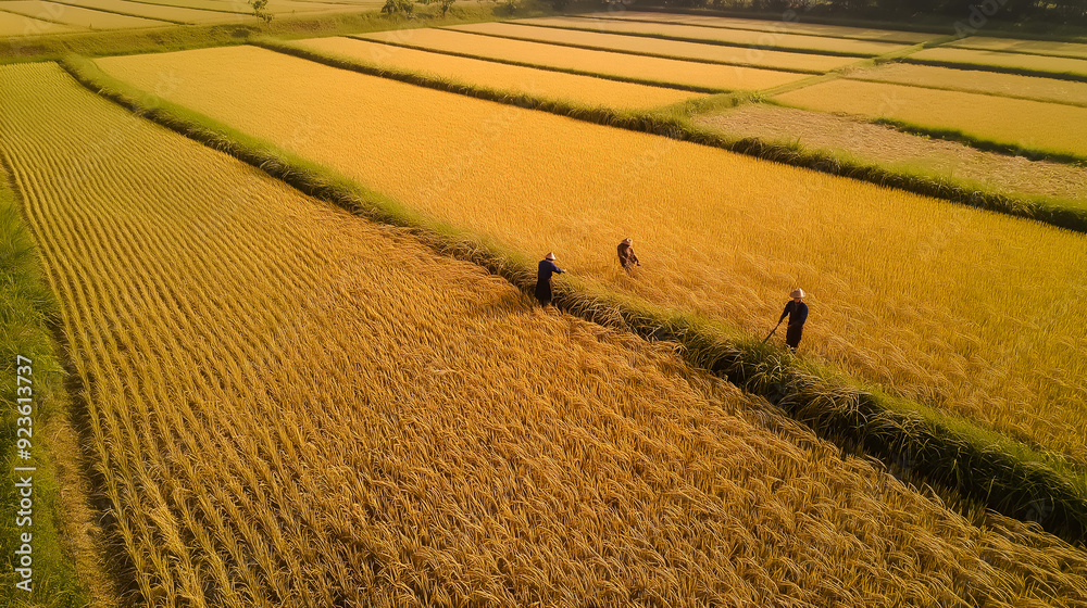 Obraz premium Traditional Rice Harvesting in a Paddy Field: Wide-Angle View of Rural Farmland with Farmers Using Traditional Tools