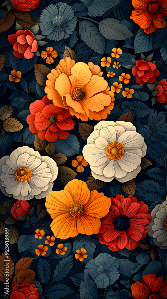 Seamless pattern with flowers, leaves, and abstract colors for a vintage wallpaper or nature-inspired design. Seamless pattern with flowers, leaves, and abstract colors for a vintage wallpaper or nature-inspired design.