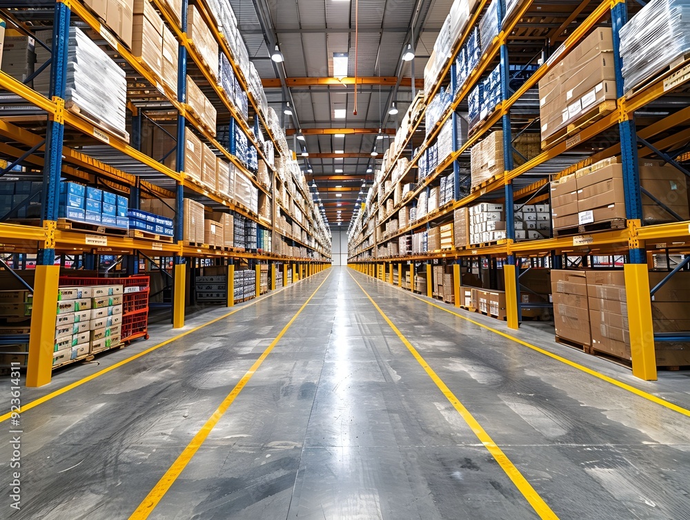 Wide view of a modern warehouse filled with stacked boxes and shelves during daylight Wide view of a modern warehouse filled with stacked boxes and shelves during daylight