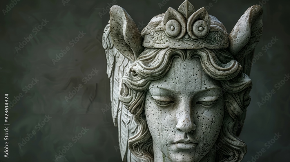Obraz premium Stone statue of a winged figure with a crown, set against a dark background in a tranquil setting