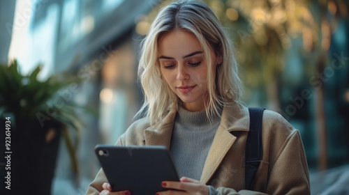 Free Download A young woman intently engages with her tablet, surrounded by lush greenery and the warm glow of the afternoon sun in an urban landscape - GFXLoad