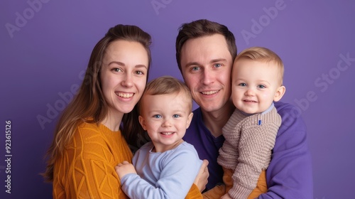 A happy family of four poses together, smiling warmly with a bright purple background