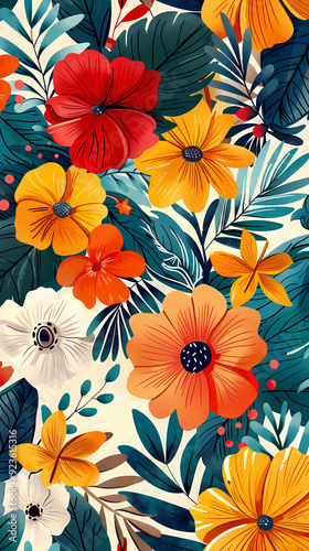 Seamless pattern with flowers, leaves, and abstract colors for a vintage wallpaper or nature-inspired design.