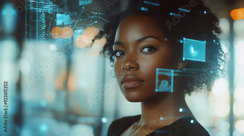 Black woman utilizing digital technology for productivity in a dynamic and innovative office space. photo