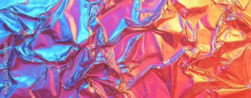 This image captures a colorful and abstract metallic foil texture with vibrant hues, intricate patterns, and a luminous shine, creating a visually captivating effect.