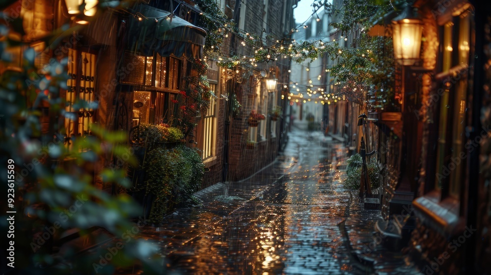 Fototapeta premium Rainy evening in a cozy cobblestone alley adorned with warm lights and greenery