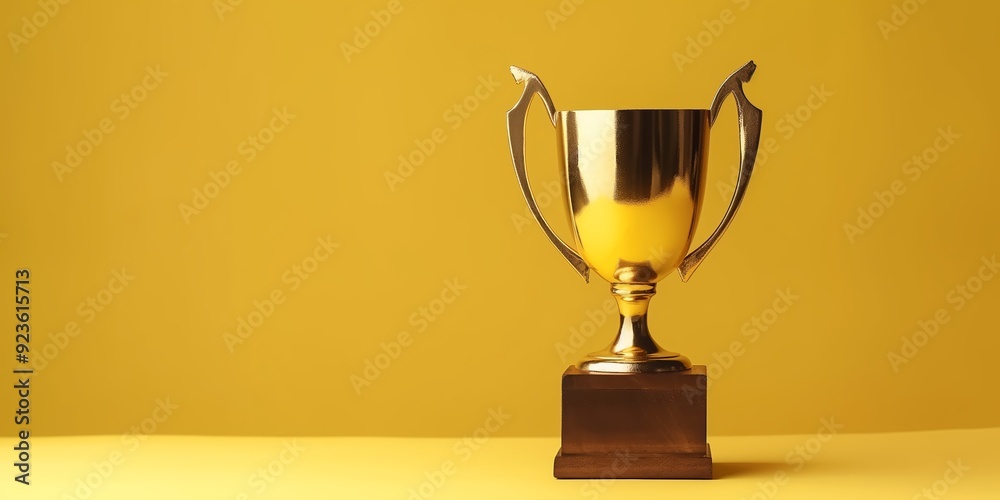 A golden trophy standing on a wooden base is displayed against a solid yellow background, symbolizing achievement. A golden trophy standing on a wooden base is displayed against a solid yellow background, symbolizing achievement.