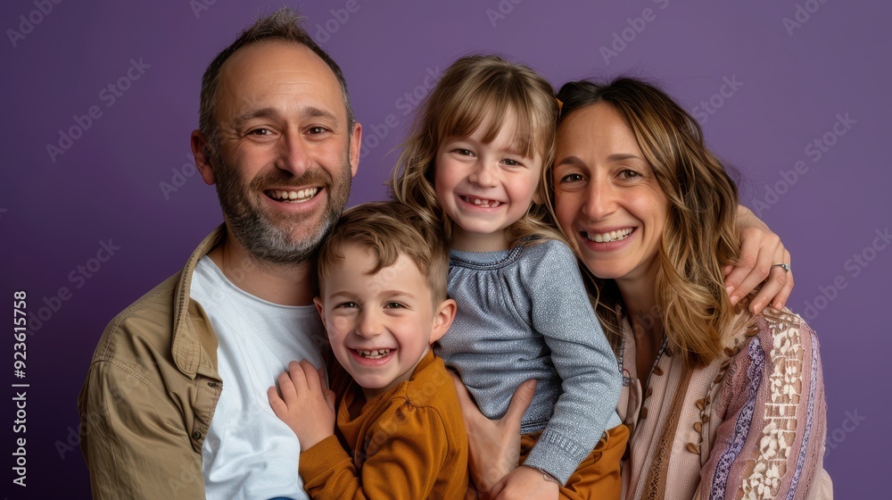 A joyful family poses closely with smiles in a professional studio setting A joyful family poses closely with smiles in a professional studio setting