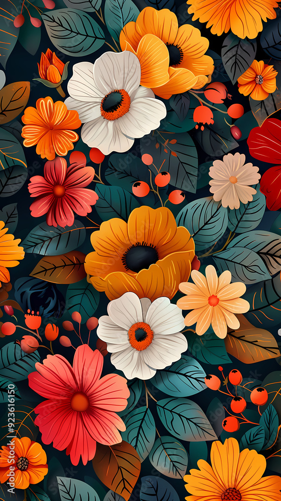 Seamless pattern with flowers, leaves, and abstract colors for a vintage wallpaper or nature-inspired design. Seamless pattern with flowers, leaves, and abstract colors for a vintage wallpaper or nature-inspired design.