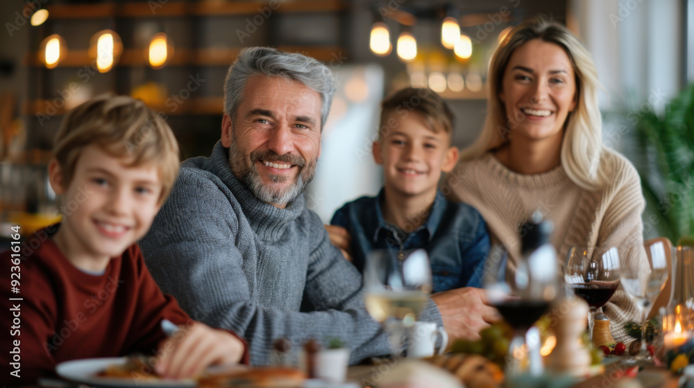 Happy multi-generational family sitting together at a dinner table, enjoying a meal and sharing joyful moments indoors. Happy multi-generational family sitting together at a dinner table, enjoying a meal and sharing joyful moments indoors.