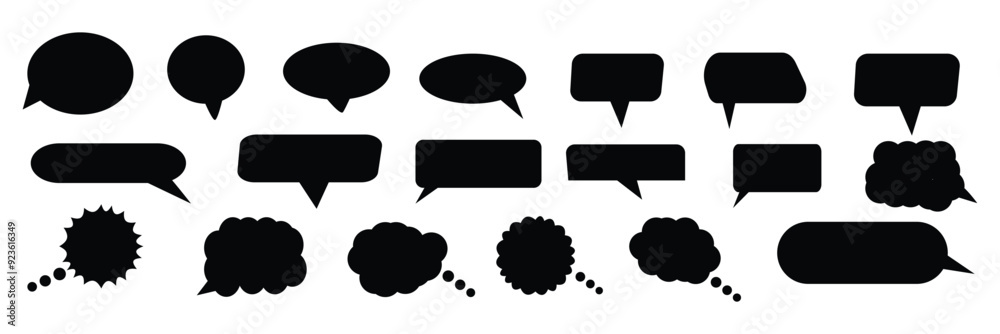 Fototapeta premium Set of speak bubble text, chatting box, message box outline cartoon vector illustration design. Balloon doodle style of thinking sign symbol. 