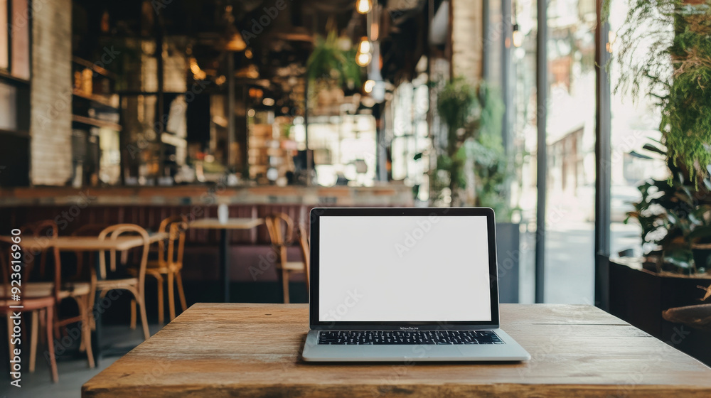 Blank screen laptop mockup on a rustic wooden table in a stylish coffee shop, ideal for showcasing your ad content. Blank screen laptop mockup on a rustic wooden table in a stylish coffee shop, ideal for showcasing your ad content.