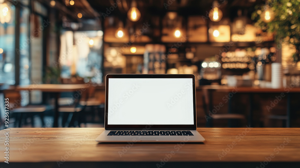 Blank screen laptop on a wooden table with a coffee shop backdrop, perfect for customizing with your advertisement. Blank screen laptop on a wooden table with a coffee shop backdrop, perfect for customizing with your advertisement.