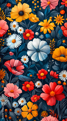 Seamless pattern with flowers, leaves, and abstract colors for a vintage wallpaper or nature-inspired design.