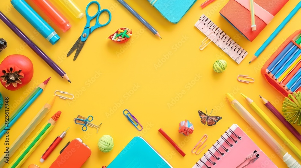 Various colorful school supplies mockup on yellow background Various colorful school supplies mockup on yellow background