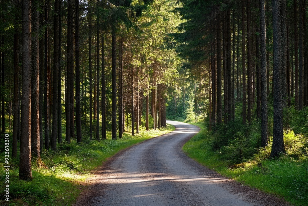 Obraz premium Sunlight filtering through pine trees onto a quiet forest road, tranquil and scenic
