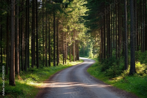 Sunlight filtering through pine trees onto a quiet forest road, tranquil and scenic