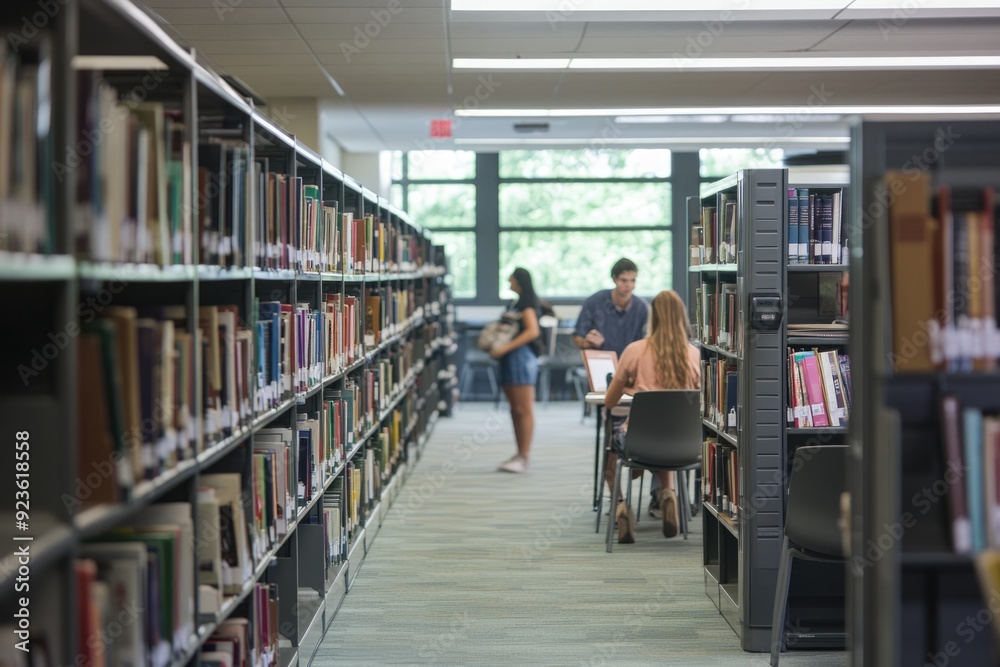 College students exploring the campus library, finding their favorite study spots and checking out books for their courses College students exploring the campus library, finding their favorite study spots and checking out books for their courses