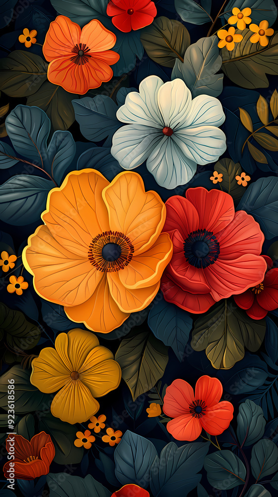 Seamless pattern with flowers, leaves, and abstract colors for a vintage wallpaper or nature-inspired design. Seamless pattern with flowers, leaves, and abstract colors for a vintage wallpaper or nature-inspired design.