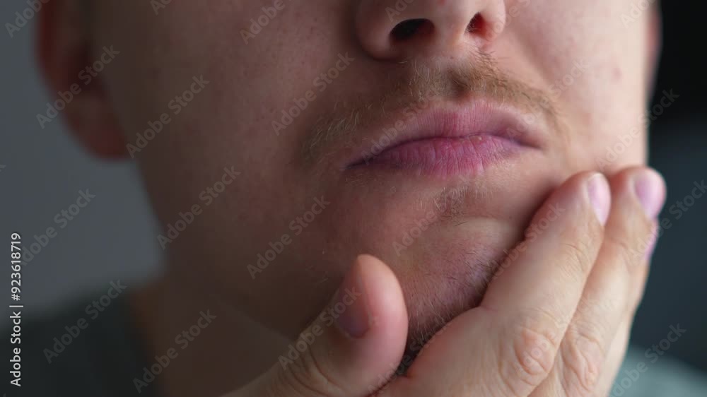 A man has shaved and looks at his beard.
Close-up of a man's face A man has shaved and looks at his beard.
Close-up of a man's face