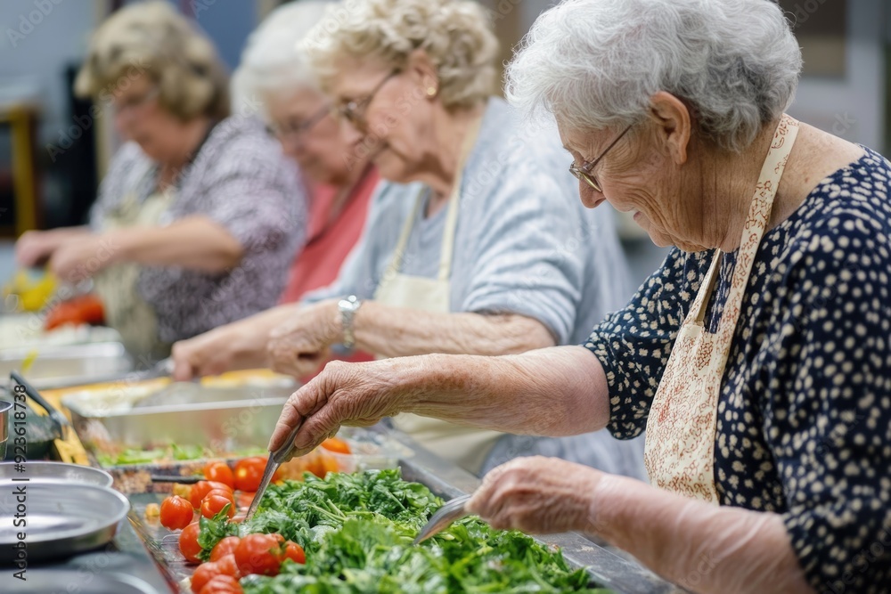 A group of elderly individuals in a community center, engaging in a hands-on cooking class, learning new recipes and techniques A group of elderly individuals in a community center, engaging in a hands-on cooking class, learning new recipes and techniques