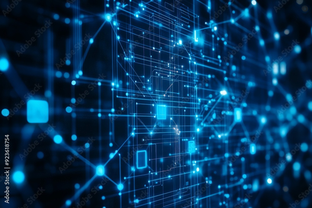 Abstract digital grid with glowing blue lights, representing technology, data, and communication networks in a futuristic design.