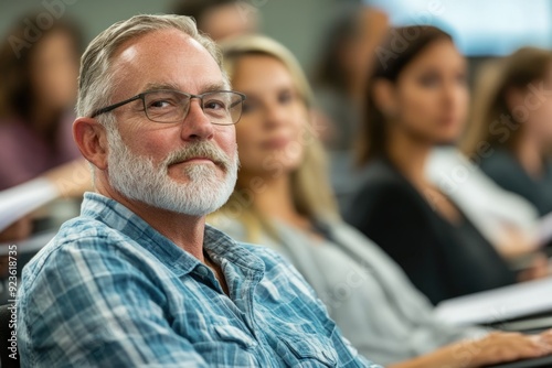 Mature adults in a classroom setting, attentively listening to a lecture, eager to learn new skills and advance their knowledge