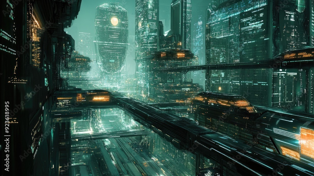 Naklejka premium AI-controlled city, advanced infrastructure, futuristic technology, digital networks