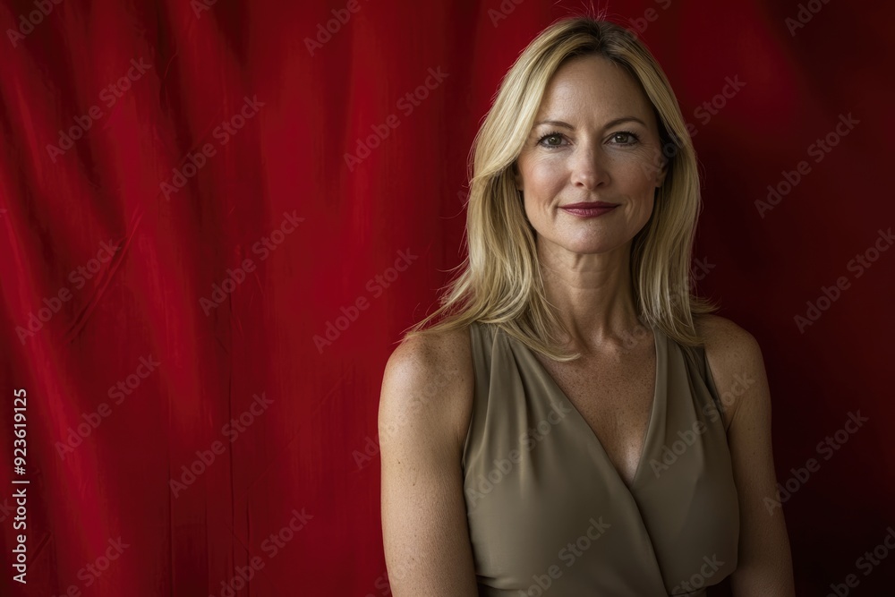 A mature blonde woman in a khaki dress presents an empty space beside her, with a red backdrop highlighting her poised expression A mature blonde woman in a khaki dress presents an empty space beside her, with a red backdrop highlighting her poised expression
