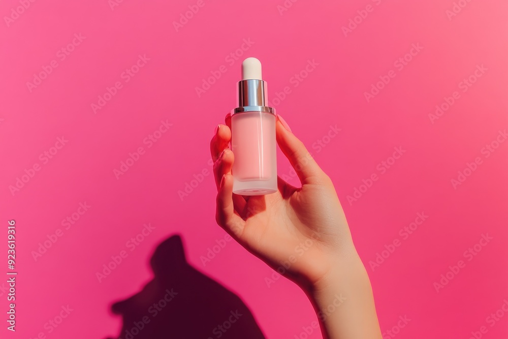 A female hand elegantly holds a cosmetic bottle against a bold color backdrop, perfect for skincare or beauty product promotions