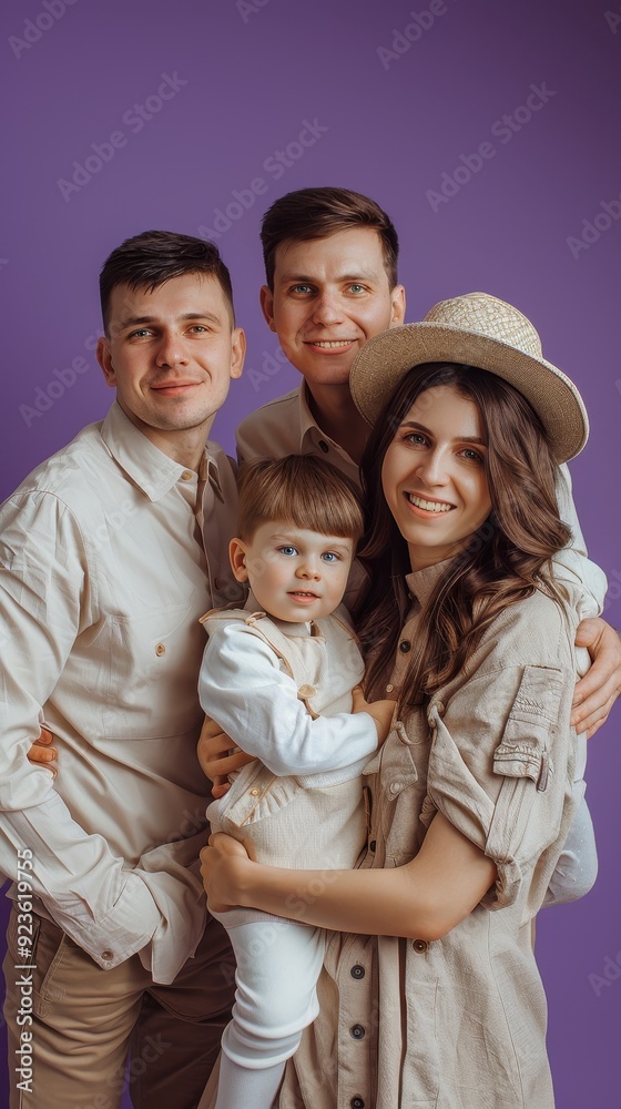 A family poses together, enjoying a joyful moment in cozy outfits against a vibrant purple backdrop