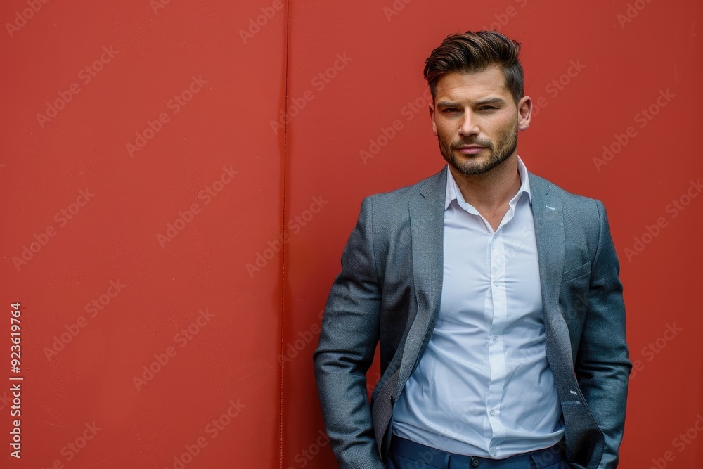 Fototapeta premium Muscular man in a sharp outfit, confidently standing against a solid color backdrop, showcasing his fit body and smart, professional demeanor