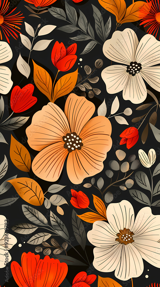 Seamless pattern with flowers, leaves, and abstract colors for a vintage wallpaper or nature-inspired design. Seamless pattern with flowers, leaves, and abstract colors for a vintage wallpaper or nature-inspired design.