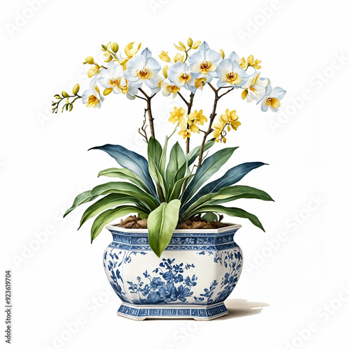 Orchid Plant in an Oriental Porcelain Planter. Famille Rose Porcelain. Watercolor in Pastel Tones on a White Background.