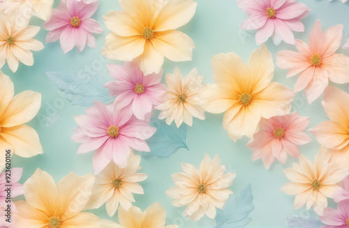 Beautiful Colorful Floral Arrangement Floating on Soft Blue Background in Natural Light
