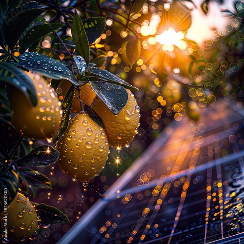 Solar Dawn. Golden rays illuminate solar panels and dewy citrus fruits, capturing the essence of renewable energy and nature's bounty. photo