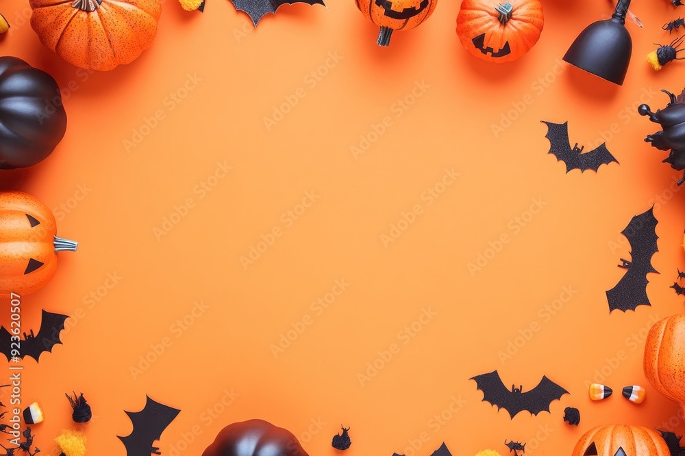 Flat lay of Halloween decorations on an orange background with space in the center for copy, ideal for greeting card or party invitation designs Flat lay of Halloween decorations on an orange background with space in the center for copy, ideal for greeting card or party invitation designs
