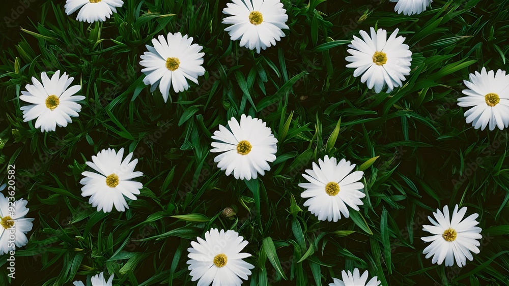 Serene Close-Up of White Daisies with Yellow Centers on Green Leaves Serene Close-Up of White Daisies with Yellow Centers on Green Leaves