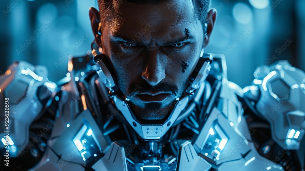 Fototapeta premium Futuristic soldier in high-tech armor preparing for battle in a dimly lit laboratory