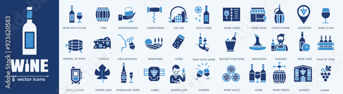 Set of wine icon line collection, wine bottle, grape, cork, alcohol, cheese