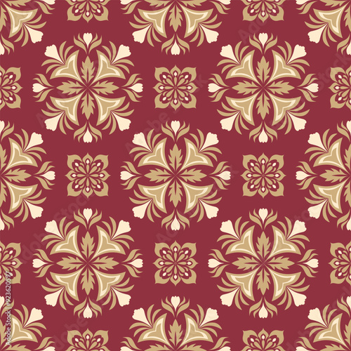 Seamless red and gold damask pattern background with intricate floral and ornamental motifs. Perfect for wallpaper, textiles, home decor, rugs, curtains, digital design and luxury branding. 